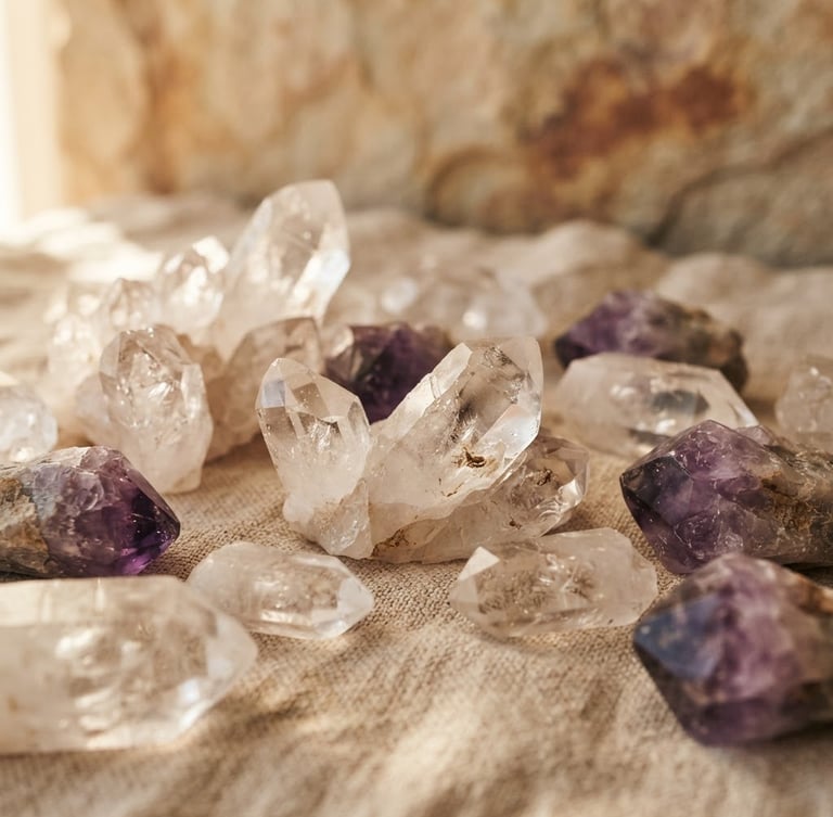 A collection of natural clear quartz and purple amethyst crystal clusters resting on a linen fabric.
