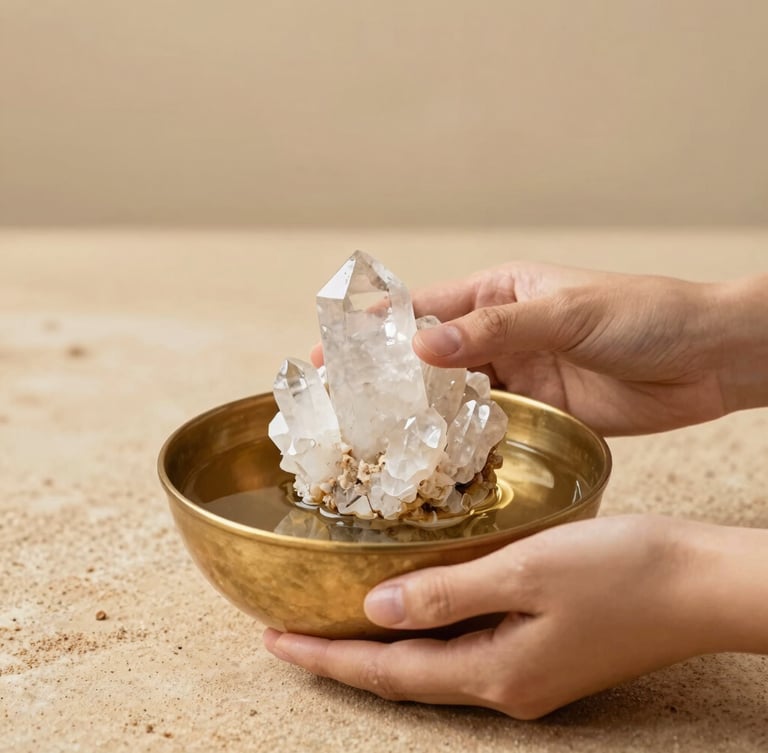 Hands holding a brass bowl with clear quartz crystals in water for cleansing and meditation.