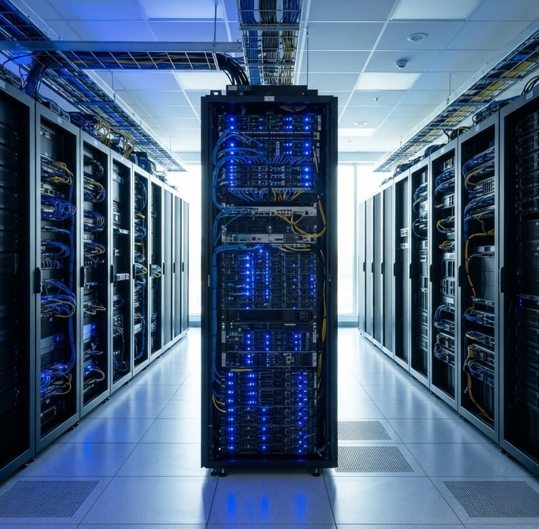 Clean modern server room rack with cool blue led lights, professional enterprise data center, sharp focus, wide perspective, high-trust corporate tech aesthetic