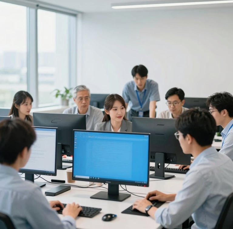 A professional team collaborating naturally around screens in a clean modern workspace, bright daylight, cool slate blue accents
