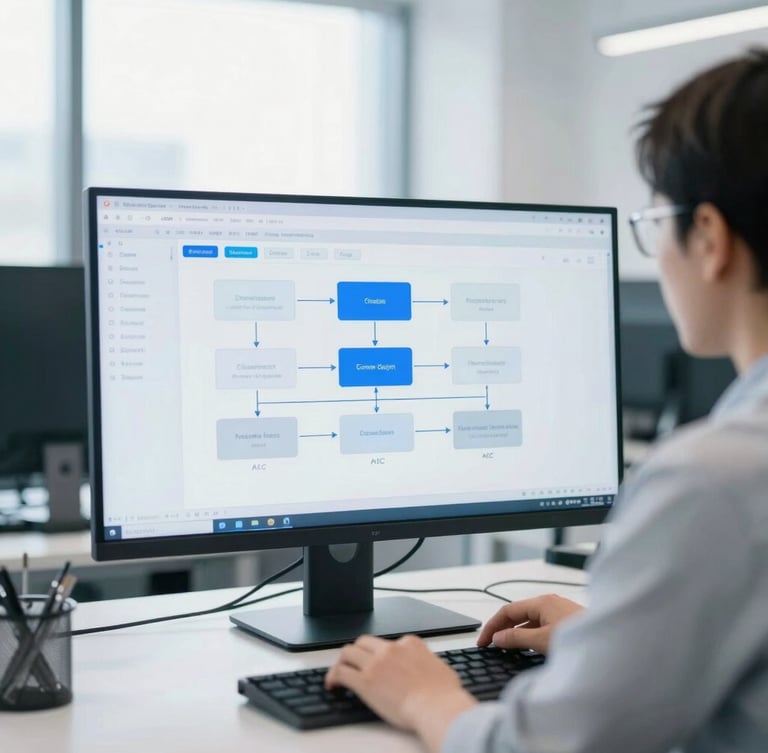 Professional IT engineer analyzing system architecture on a clean modern screen in a bright daylight office, cool blue tones, professional editorial style