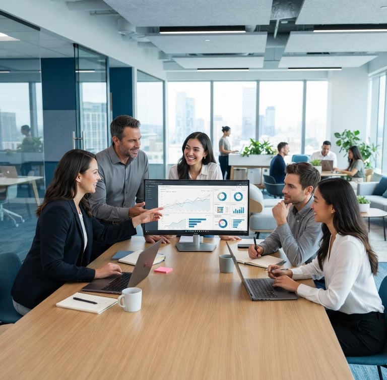 A clean modern office workspace with a professional team collaborating around screens, bright natural daylight, cool blue and white tones, sharp focus, professional editorial style
