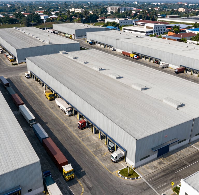 Wide-angle drone shot of a modern industrial warehouse complex in Manado with clean asphalt, active loading docks, and large cargo trucks under bright daylight.