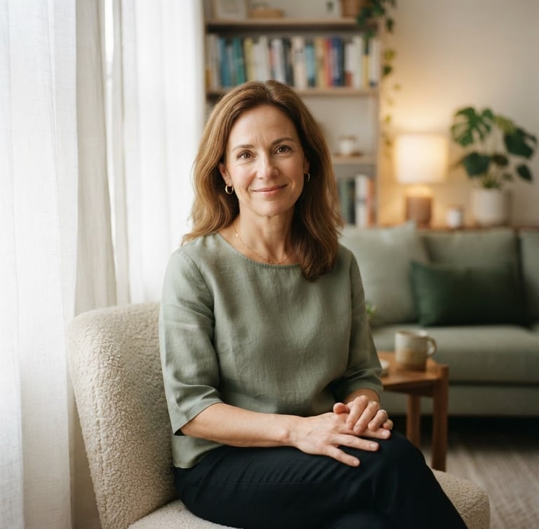 A warm, quiet portrait of a professional female therapist sitting in a softly lit room with diffused morning light, wearing a simple sage green top, looking calmly towards the camera, shallow depth of field, minimalist editorial style