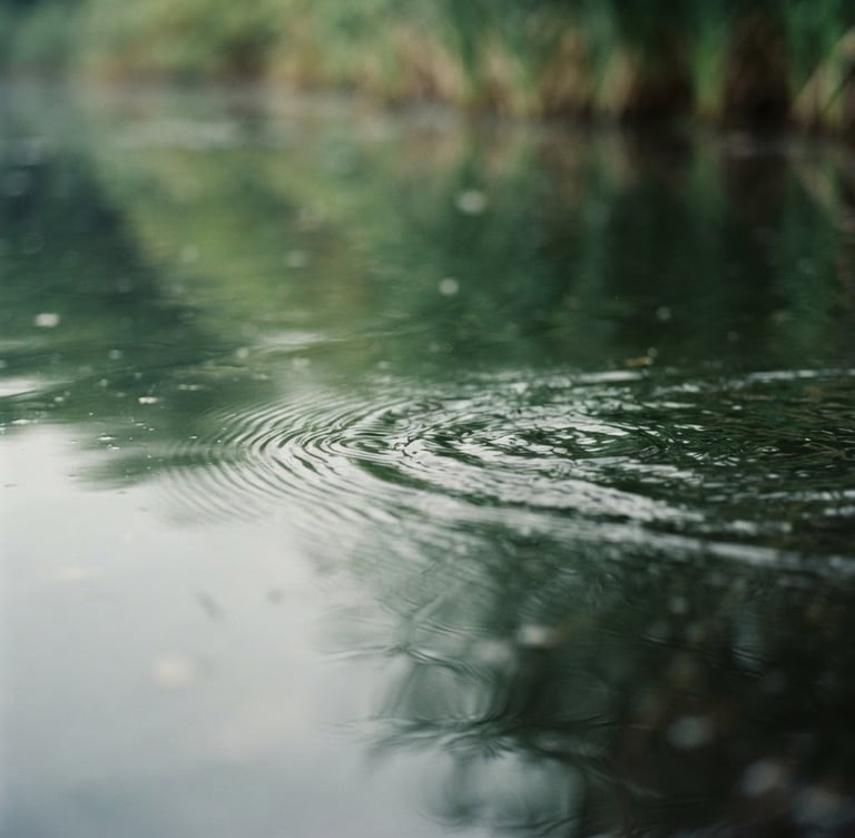 Macro photograph of gentle ripples on calm water, soft diffused morning light, muted sage and forest green tones, shallow depth of field