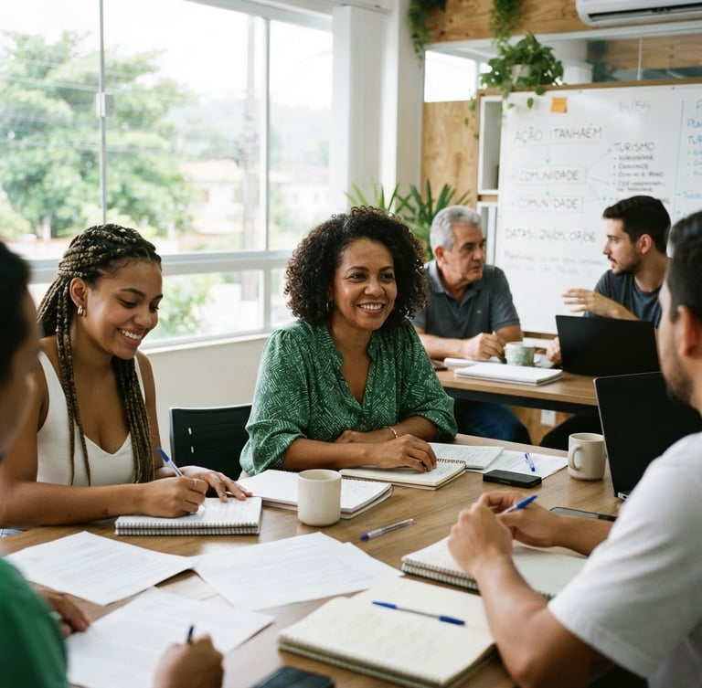 Candid editorial portrait of diverse local citizens sitting in a bright, modern classroom workshop in Itanhaém, natural daylight, notebooks and planning boards visible, focus on engaged expressions