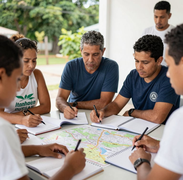 An authentic medium shot of diverse local citizens collaborating around a table with notebooks and maps of Itanhaém, bright natural daylight, candid expressions, 35mm lens.