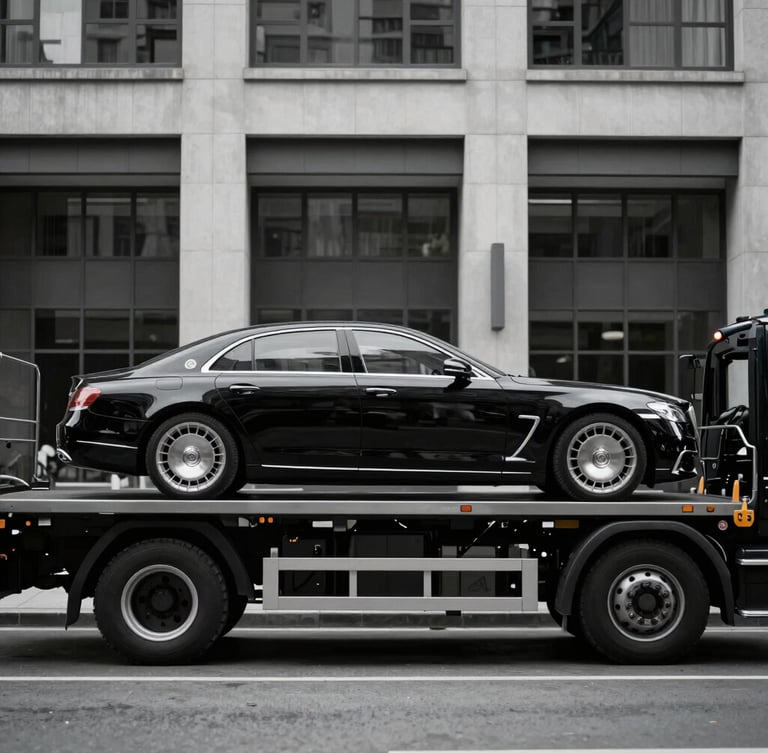Portrait shot of a sleek black flatbed truck delivering a high-end luxury sedan, urban architectural background, sharp overcast daylight, cool desaturated tones.
