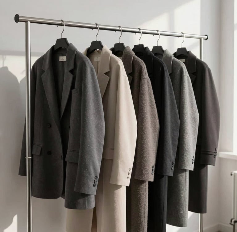 A row of contemporary womenswear hanging samples on a minimalist steel rack in a sunlit studio, showcasing clean lines and soft charcoal tones