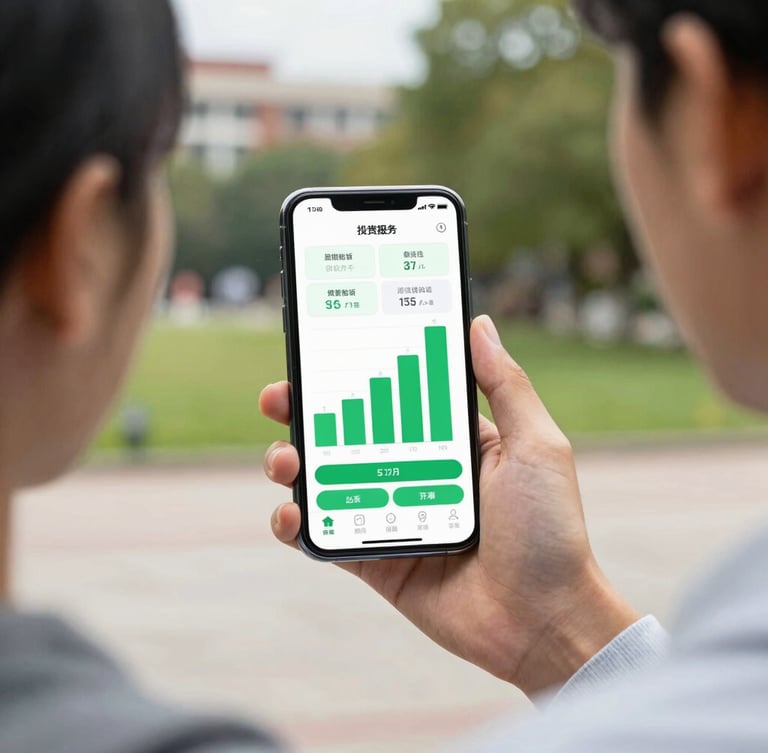Over-the-shoulder shot of a university student holding a smartphone showing a high-fidelity gamified micro-investment app interface with bold green charts, natural campus daylight.
