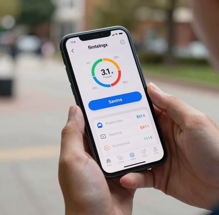 Close-up of hands holding a smartphone displaying a high-fidelity fintech UI with gamified savings metrics, natural campus lighting, sharp focus on the screen details.