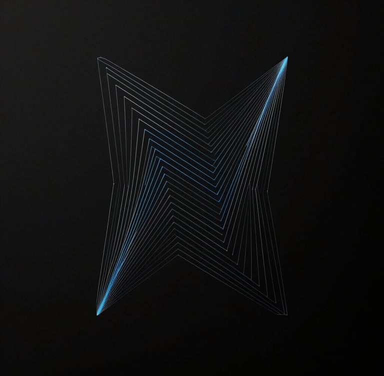 High-fidelity abstract UI wireframe with sharp geometric lines and electric blue accents on a dark background, minimalist tech photography, crisp studio lighting