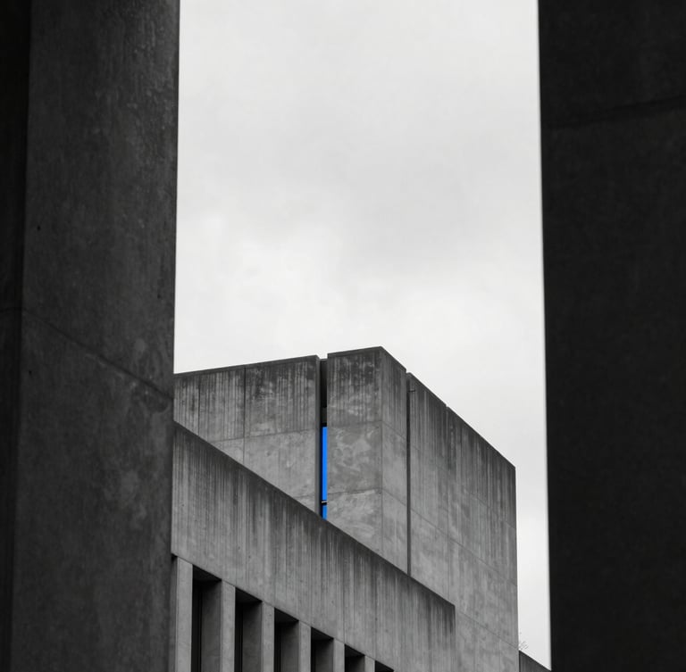 Architectural geometry of Crystal Palace South London, sharp concrete lines against a high-contrast overcast sky, minimalist urban framing with deep shadows.