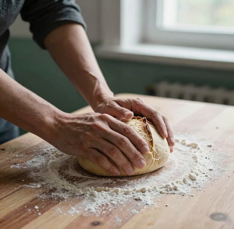 Hands of an artisan baker kneading sourdough on a floured wooden surface, natural window light, moody shadows, 35mm lens