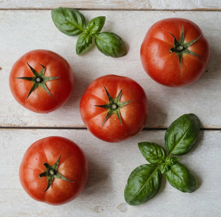 Overhead flat-lay of raw heirloom tomatoes and fresh basil on a rustic wooden table, soft natural daylight, minimalist Scandinavian composition
