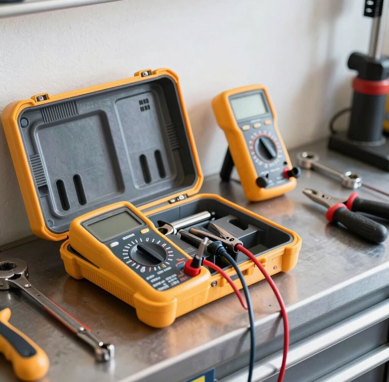 A clean, organized toolbox with professional diagnostic equipment, a digital multimeter, and specialized hand tools on a steel workbench, bright daylight, high contrast yellow and charcoal tones, sharp focus, 35mm