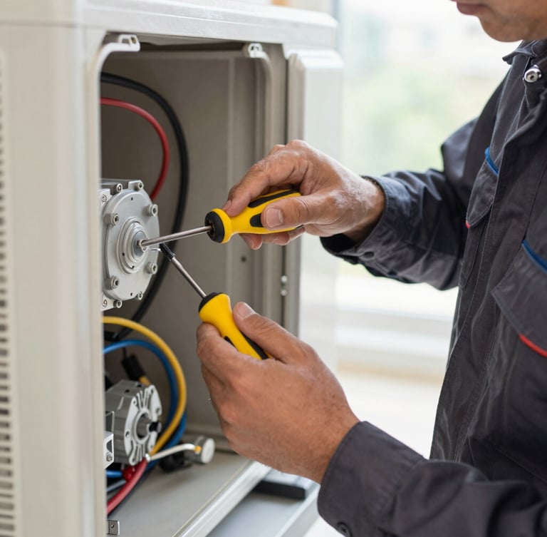 A close-up of a professional technician in a clean dark charcoal uniform, holding a yellow-handled screwdriver, working on a complex residential AC unit wiring, bright natural daylight, sharp focus, 35mm.