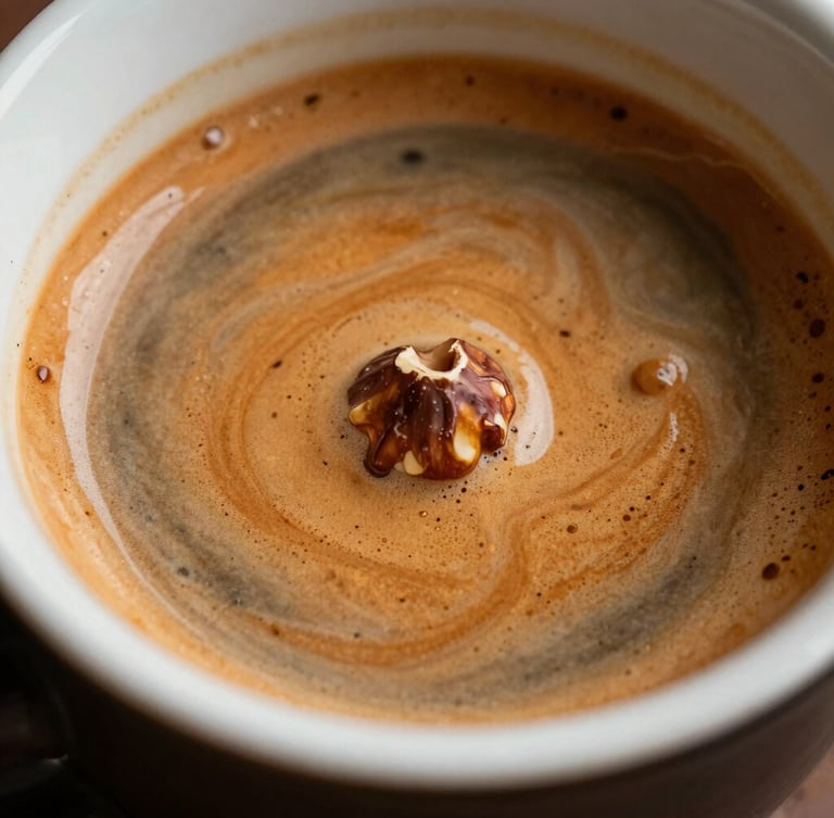 Extreme close-up of thick hazelnut espresso crema swirling inside a heavy dark ceramic cup, warm amber side lighting emphasizing the rich texture.