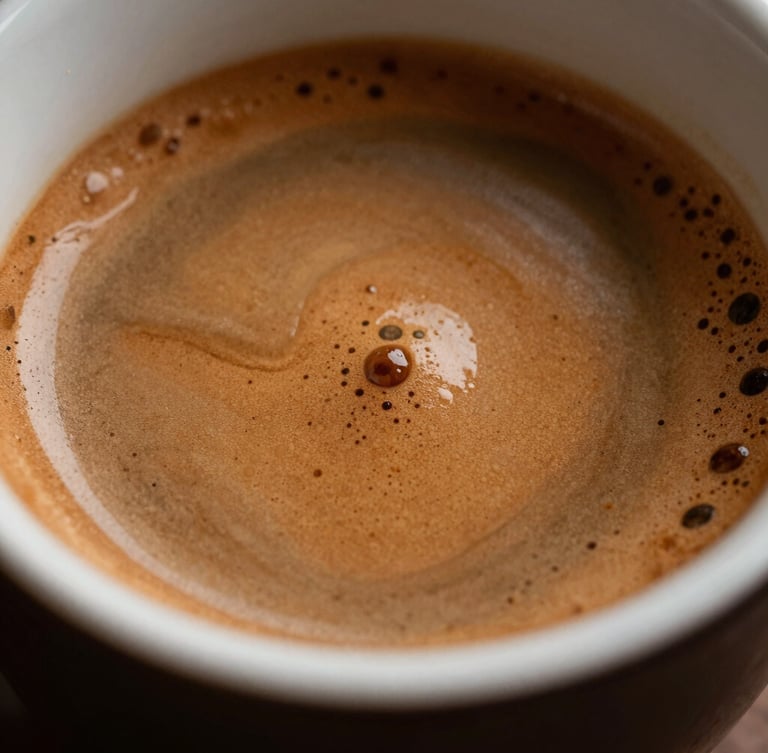 Macro close-up shot of rich espresso crema swirling in a dark ceramic cup, warm localized lighting highlighting the glossy texture and deep brown tones.