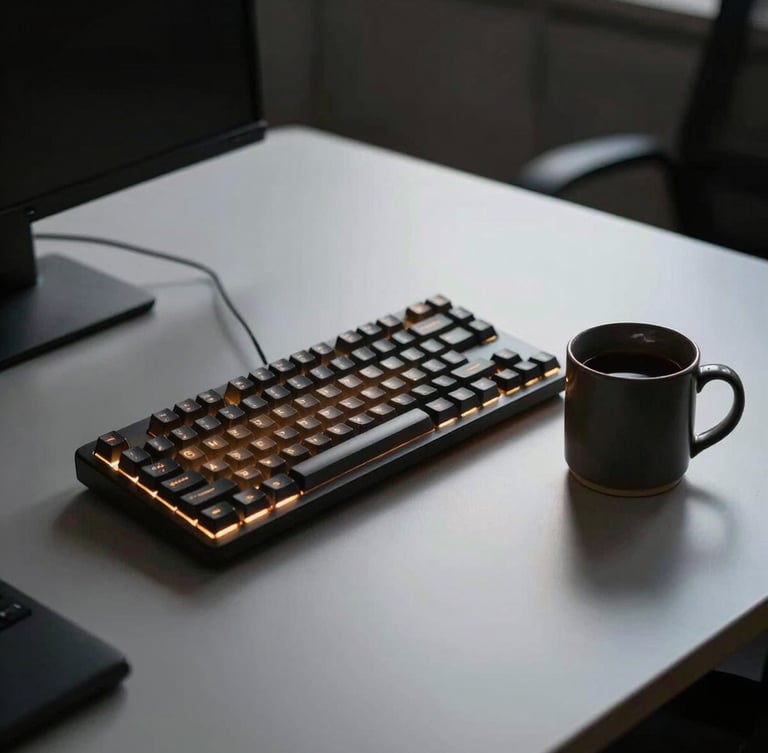Environmental wide shot of a clean, minimalist security operations desk in low light, a mechanical keyboard glowing with warm amber backlight next to a heavy dark ceramic mug, soft shadows.