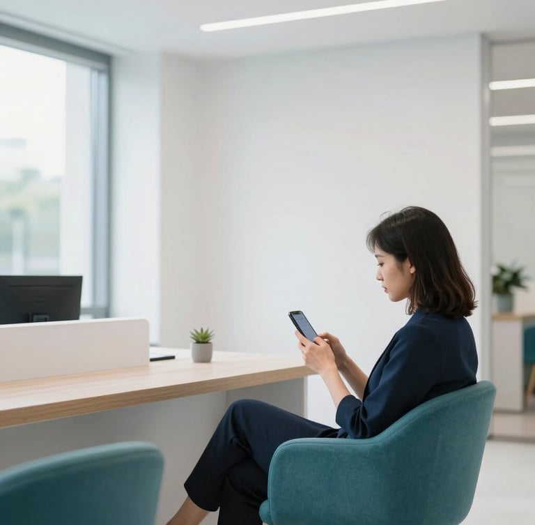 Bright modern clinic reception area, clean minimalist design, a calm person sitting on a comfortable chair looking relaxed at their smartphone, natural daylight, professional teal and navy tones, sharp focus.