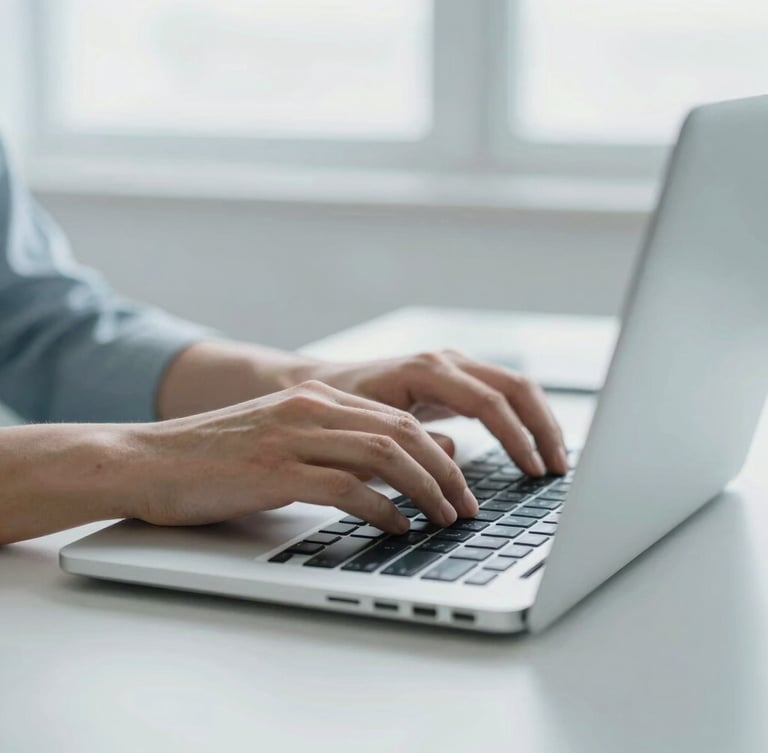 Close-up of hands typing on a laptop in a bright, minimalist workspace, neutral daylight, soft corporate blue tones, sharp focus, 35mm