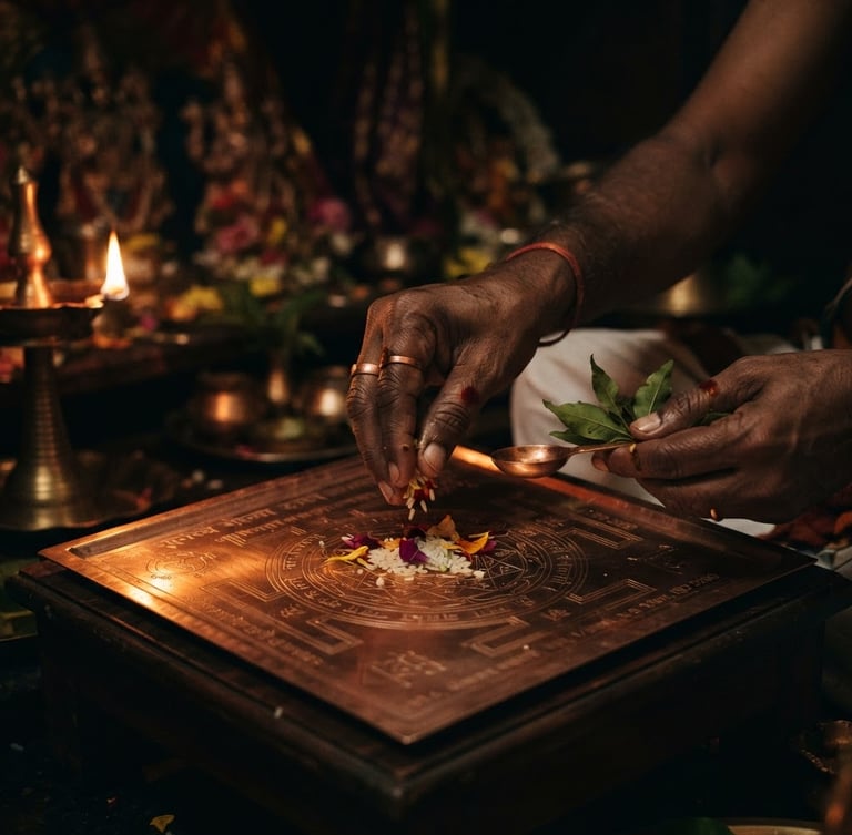 Close-up of a priest's hands performing a consecration ritual over a hand-etched copper yantra, dramatic side-lighting resembling oil lamps, deep shadows, rich dark tones, macro lens, 35mm