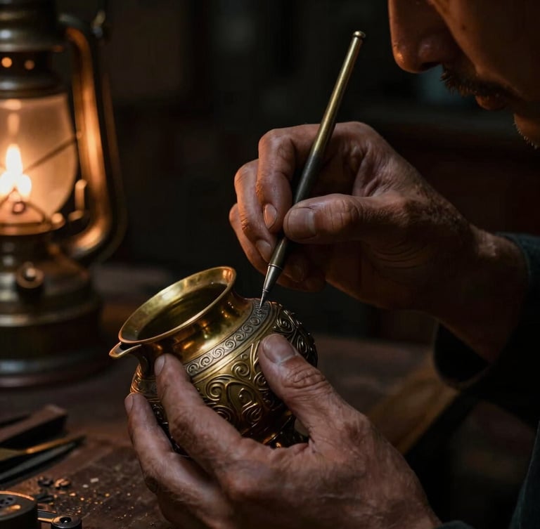Portrait close-up of a craftsman's hands delicately etching intricate patterns onto a tarnished brass ritual vessel, illuminated by dramatic side-lighting resembling oil lamps. The background is dark and blurred, emphasizing the focused work.