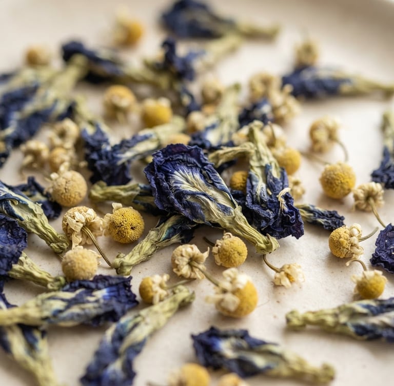 Close-up macro shot of dried blue pea flowers and whole chamomile buds on a soft ivory surface, elegant editorial photography, soft natural window light, muted ivory tones with vibrant botanical accents, shallow depth of field