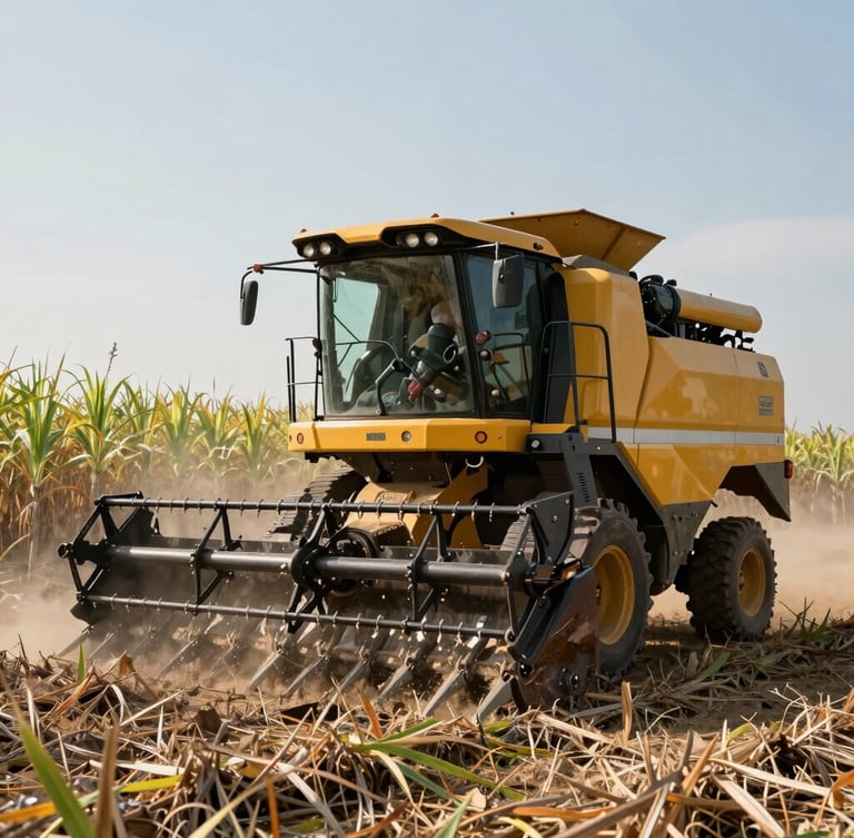Wide macro shot of a heavy-duty yellow harvester working in a sugarcane field under intense afternoon sun, dust kicking up, high contrast.