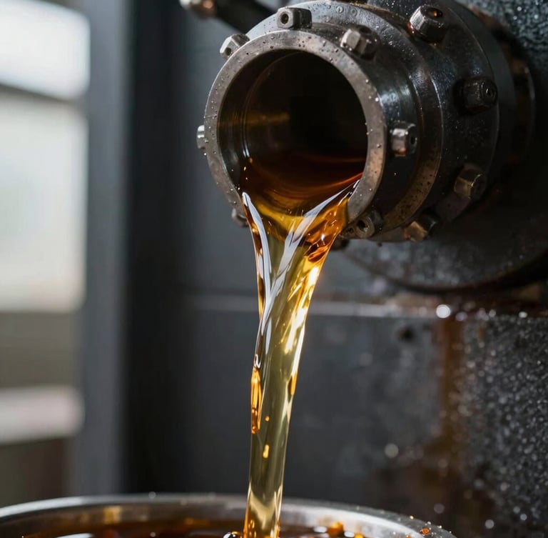 Macro shot of industrial amber chemical fluid pouring from a nozzle, high contrast natural light reflecting off the liquid, dark mechanical background with sharp metallic details.