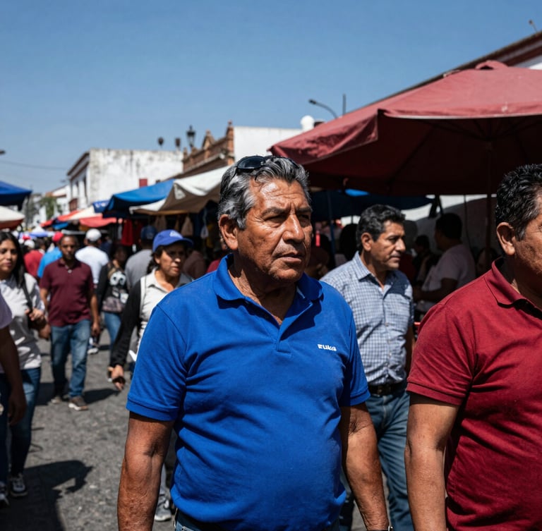 High-contrast documentary photograph of a bustling street market in Guadalajara, focus on candid faces and urban textures, sharp natural daylight, 35mm lens, low angle perspective.