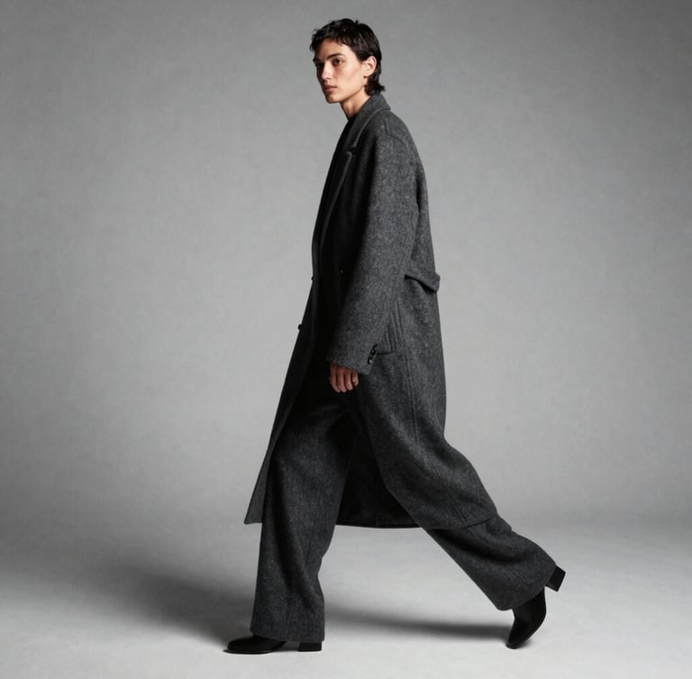 Full-length structural pose of a gender-fluid model in motion, showcasing the uncompromised drape of a heavy charcoal wool coat, sharp directional studio lighting, desaturated cool tones