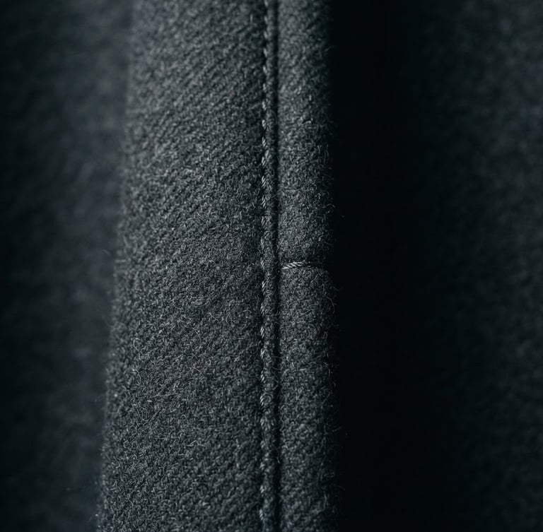 A close-up of a structural garment seam on a minimalist charcoal coat, sharp directional studio lighting, high contrast, desaturated cool tones