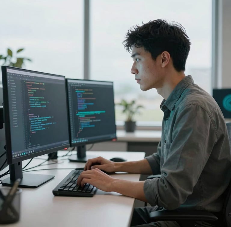 A software engineer writing code on a high-resolution display, cool daylight with subtle cyan reflections, modern clean workspace in Colorado, sharp focus