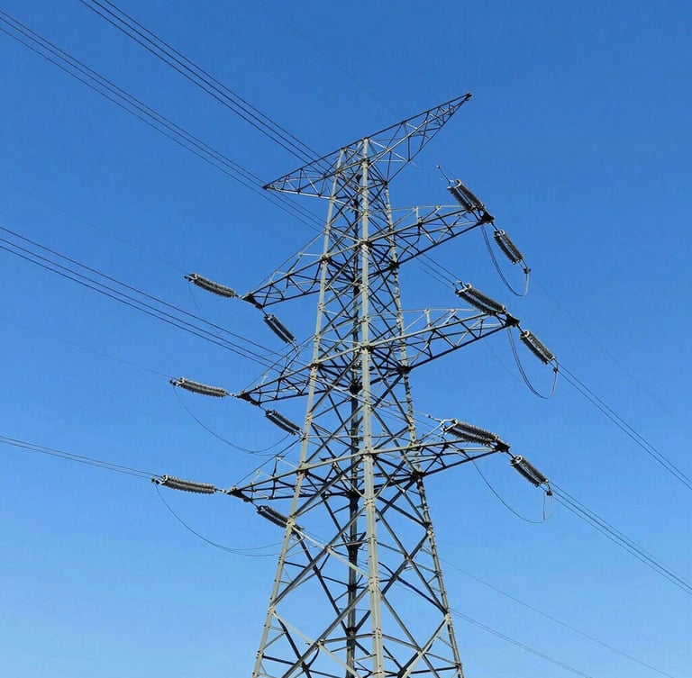 Low-angle heroic shot of high-voltage power lines against a clear blue sky, bright daylight, sharp focus, vivid colors.