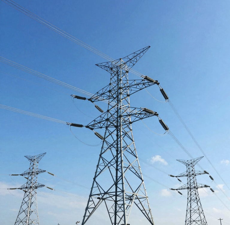 Low-angle environmental shot of modern high-voltage transmission towers stretching into a bright blue sky, crisp daylight, high-contrast industrial photography