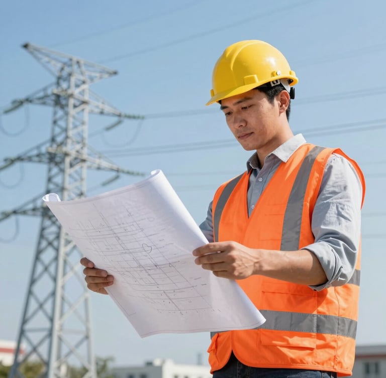 Low-angle heroic shot of an engineer in a high-visibility orange vest and hard hat reviewing industrial blueprints on a sunny day, high-voltage power lines and clear blue sky in the background