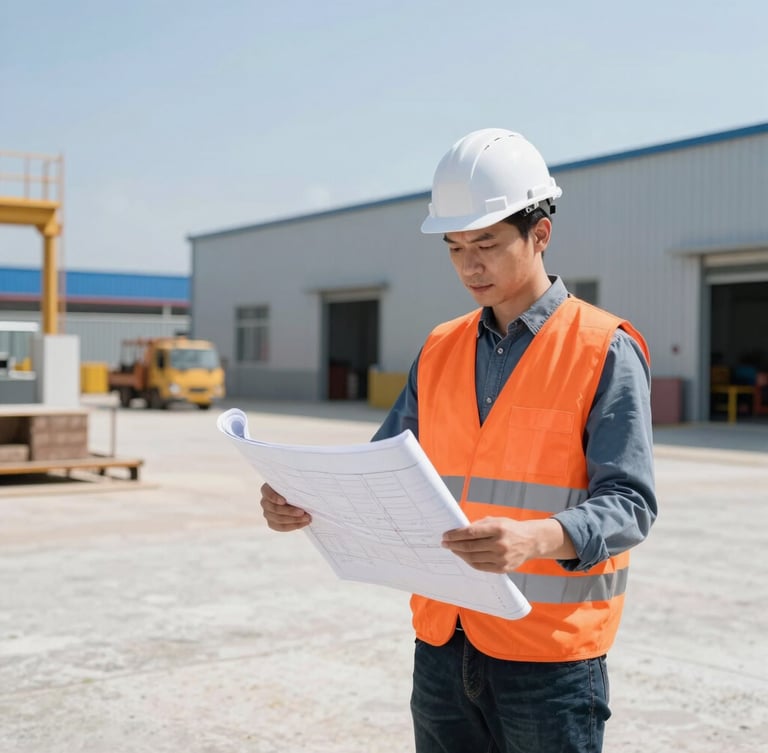 An engineer in a high-visibility orange vest and white hardhat reviewing blueprints on a clean modern industrial job site, bright midday sun, sharp focus.