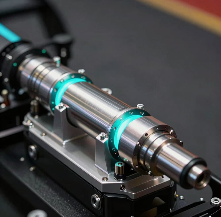 Close-up of active hydraulic motion actuators on a racing simulator chassis, metallic reflection, electric cyan highlights, dark background