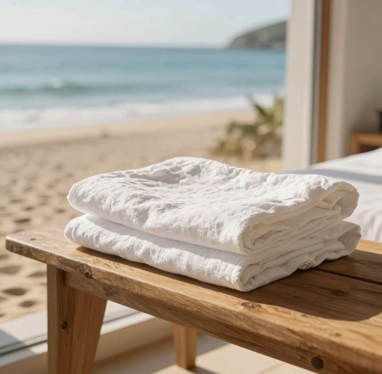 Crisp white linen folded on a wooden bench inside a bright coastal bedroom, soft sunlight streaming in, luxury hospitality feel, 35mm