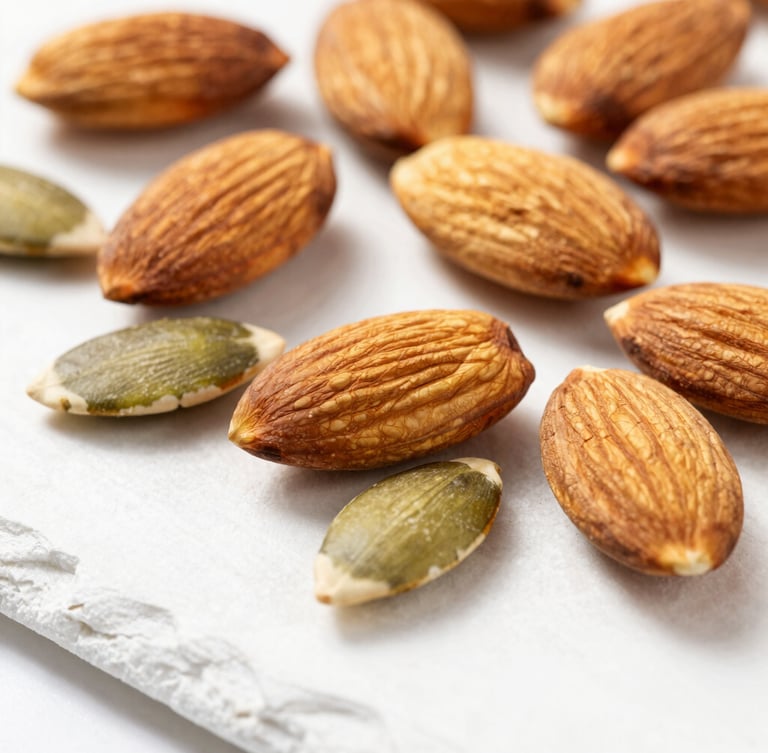 Macro close-up of premium raw almonds and clean pumpkin seeds scattered on a white slate surface, bright natural light, sharp focus, modern athletic aesthetic