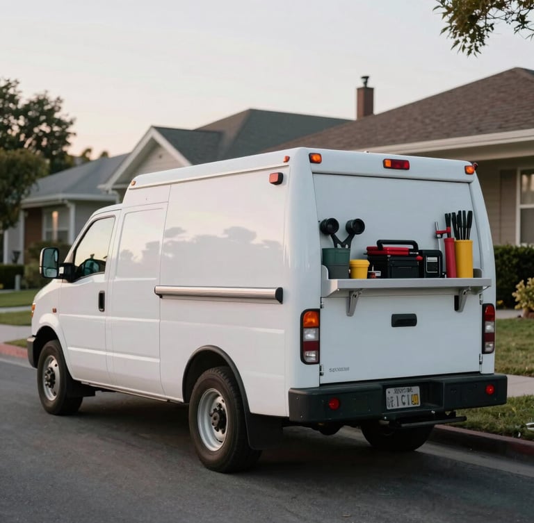 A clean, white service truck parked on a quiet Stockton residential street during late afternoon, focusing on the rear utility rack and tools, natural overcast lighting.