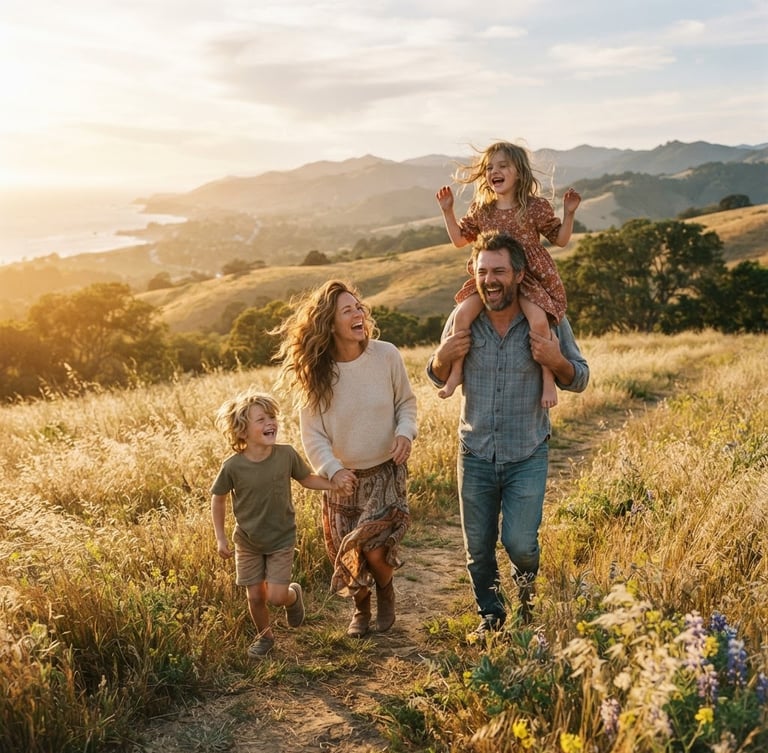Cinematic wide shot of a family laughing candidly in a golden-hour California field, wind-blown hair, soft lens flare, warm sun-drenched tones, 35mm film aesthetic