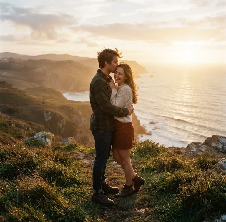 Cinematic wide shot of a couple embracing under a warm, golden-hour sun, soft lens flare, deep natural shadows, 35mm film aesthetic