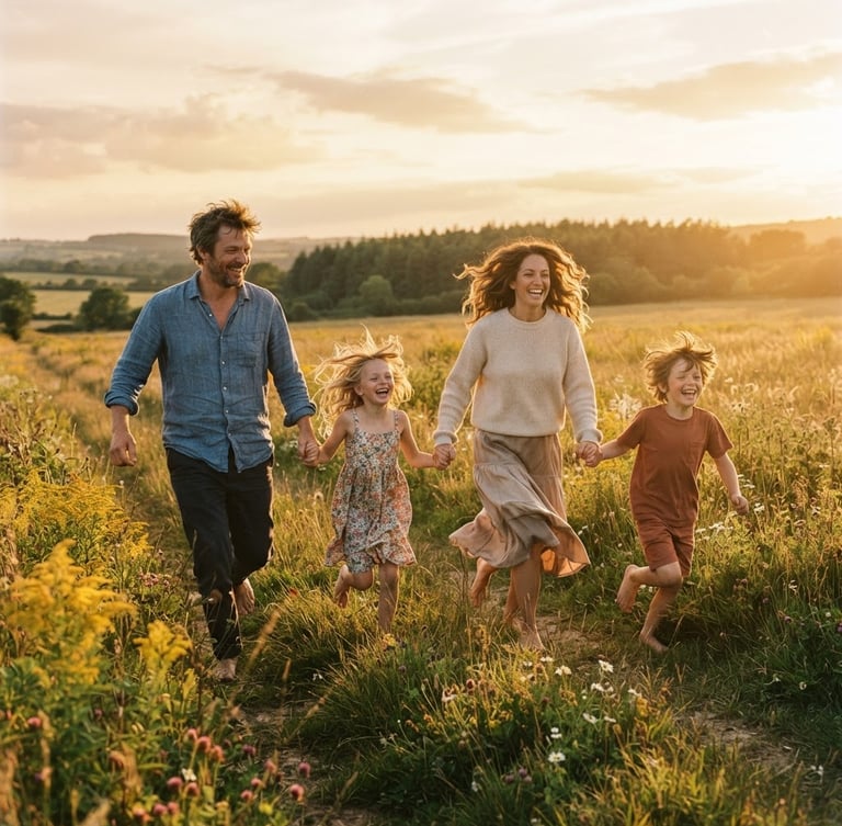 A wide cinematic shot of a family running through a sun-drenched meadow, warm golden-hour backlighting, children laughing with wind-blown hair, 35mm film aesthetic