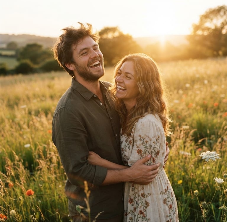 Cinematic portrait of a couple laughing candidly in a golden-hour meadow, warm sun-drenched backlighting, soft lens flares, deep natural shadows, 35mm film aesthetic.