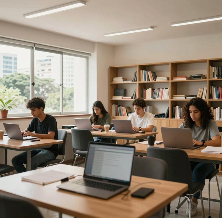 Wide shot of a modern, bright study hub in São Paulo with students working on laptops, natural light streaming through windows, welcoming atmosphere.