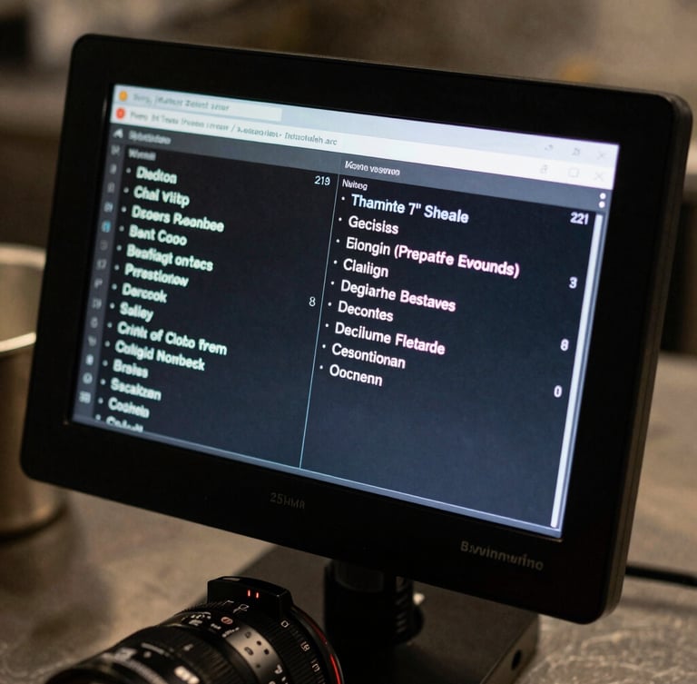Close-up of a digital kitchen expediter screen displaying active orders, high contrast, sharp focus, technical atmosphere.