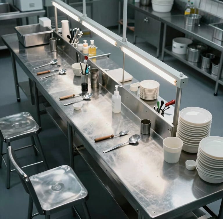 Geometric overhead view of a sterile commercial kitchen prep line, bright cool-toned lighting, stainless steel tables, organized kitchen tools, no people